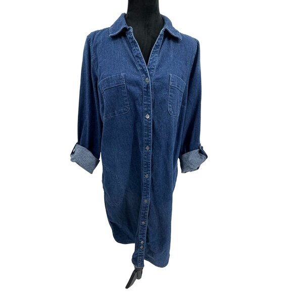 J Jill Denim Shirt Dress M Full Button Womens Collared Chest Pockets Roll Tab - Picture 2 of 6
